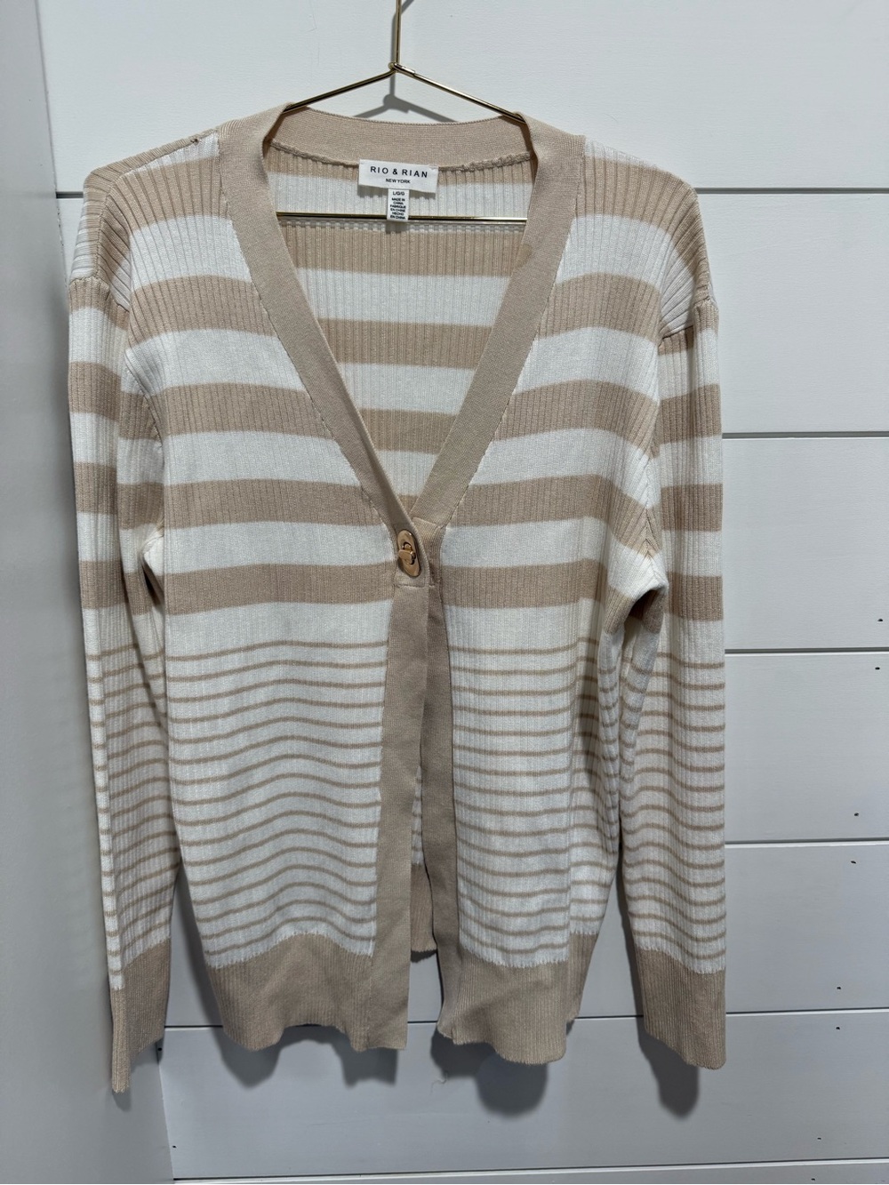 Beige and White Striped V-Neck Cardigan